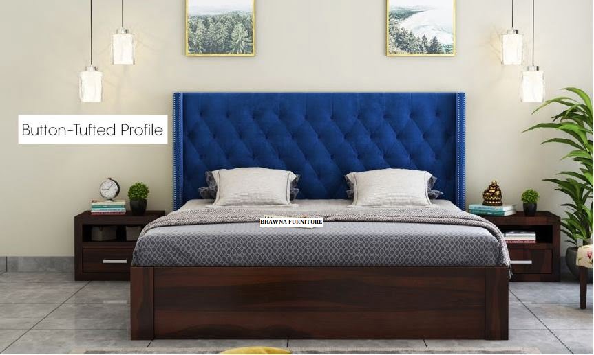 Blue Head BoardDouble Bed with Storage - Image 3