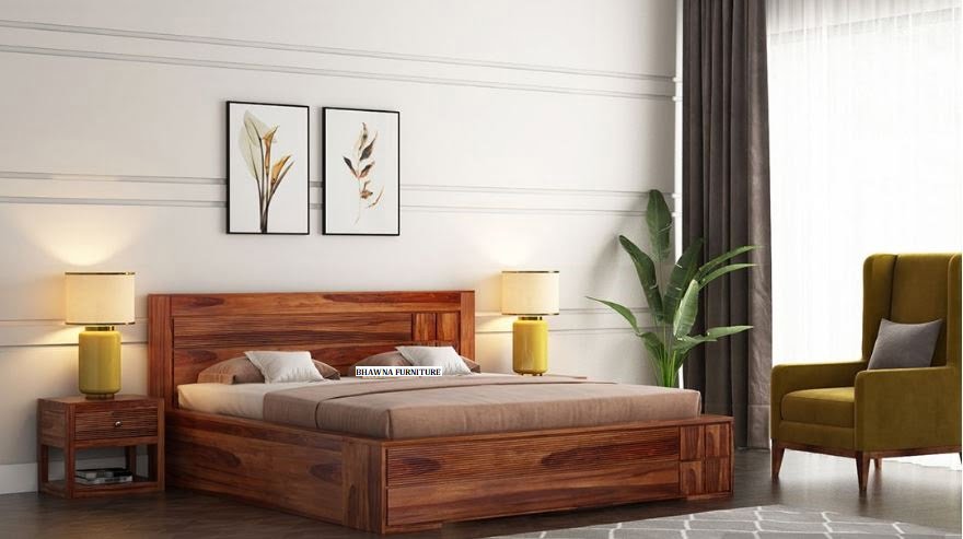 Line Double Bed With Storage Solid Wood