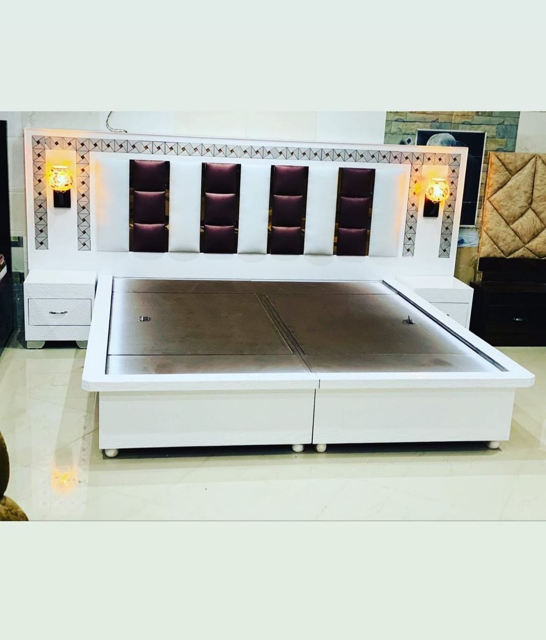 Upholstery Double bed In White Cushions with sides